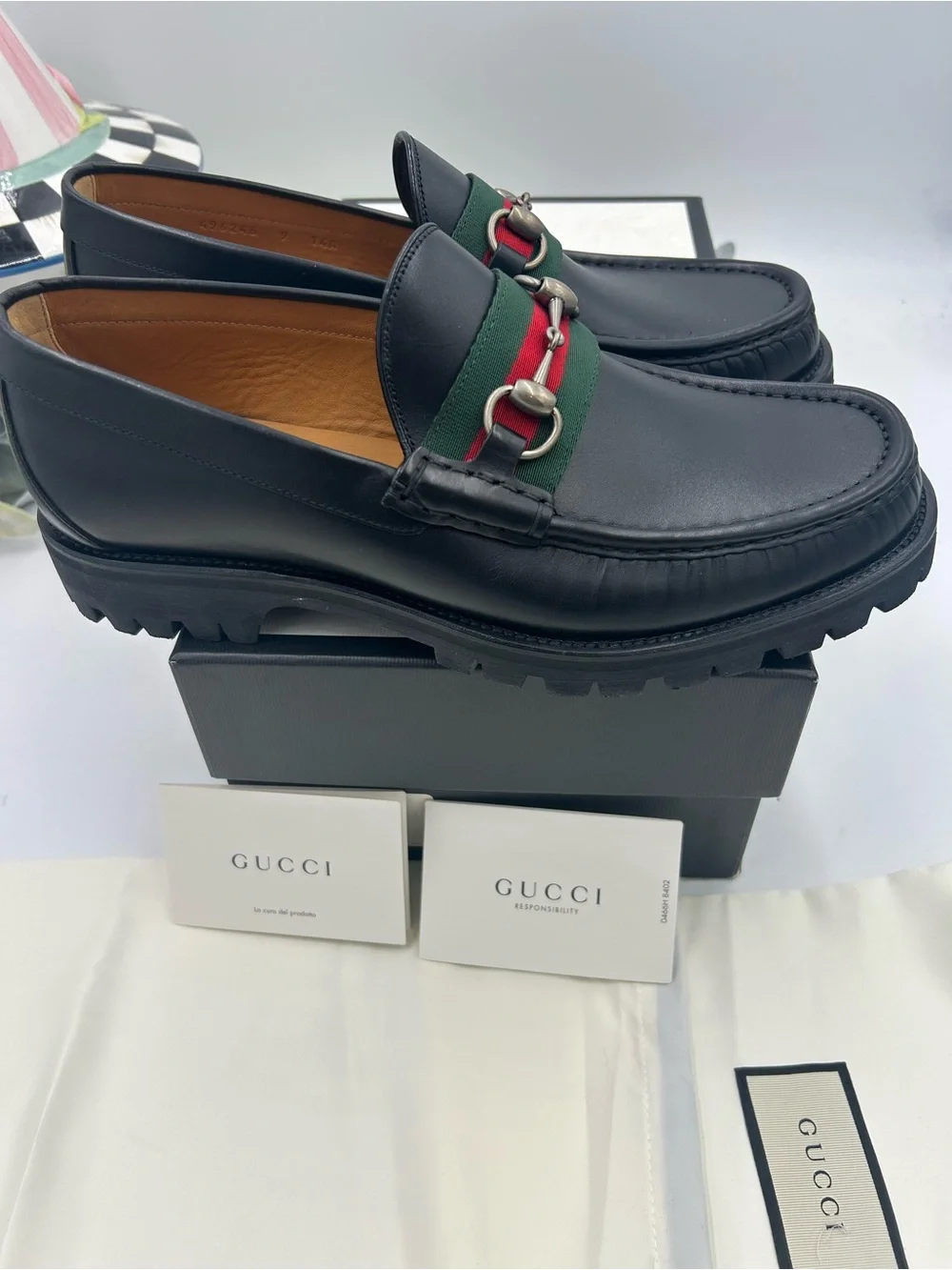 Men's Gucci lug sole web stripe horse bit loafers size 9 fits 9.5 US made Italy